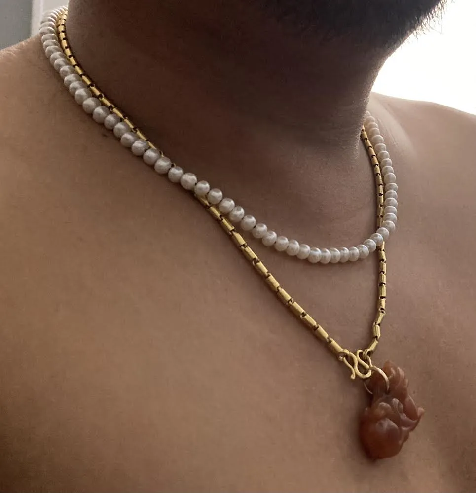 Real Pearl Necklace for Men | Single Strand Choker | Cultured Freshwater Pearls | Black Knotting