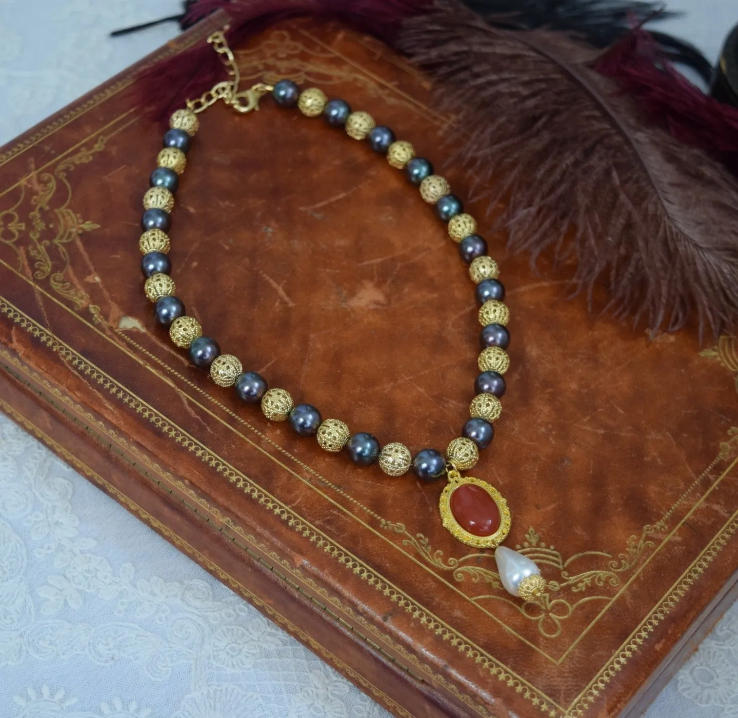 Renaissance Filigree, Black Pearl, and Carnelian Necklace