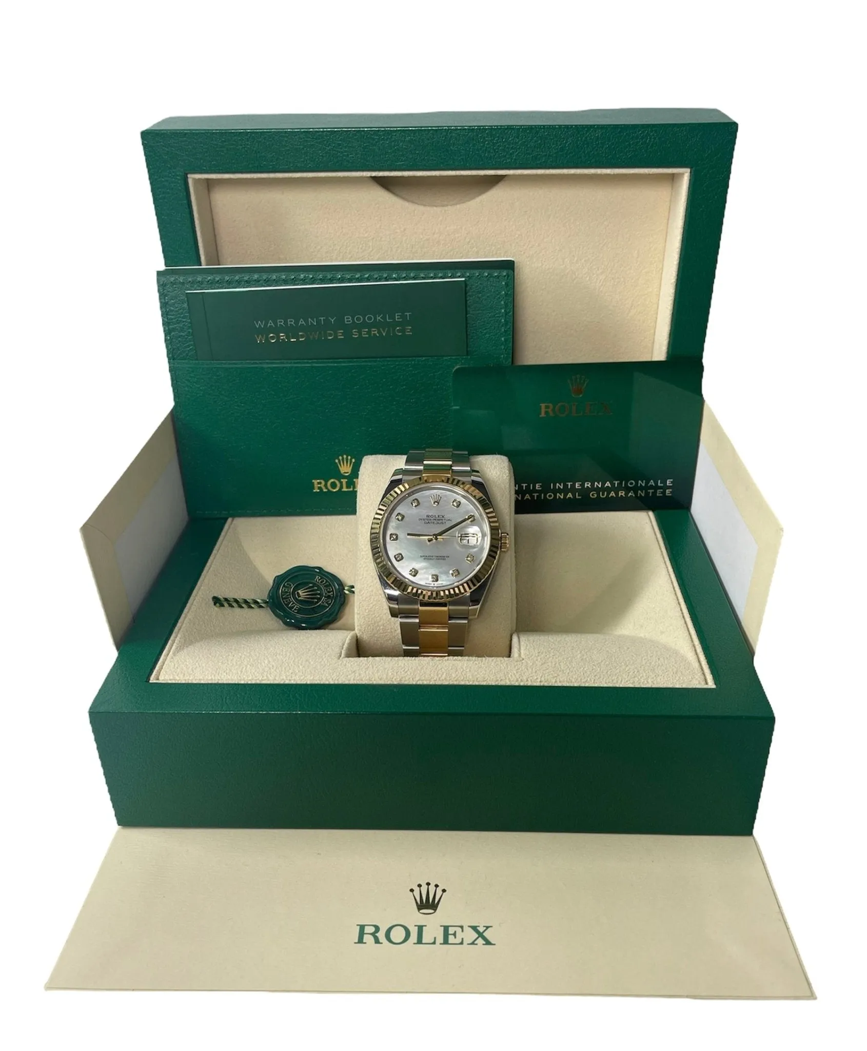 Rolex Datejust 41 Yellow Gold & Steel Fluted Bezel White Mother Of Pearl Diamond Dial Oyster (Ref # 126333)