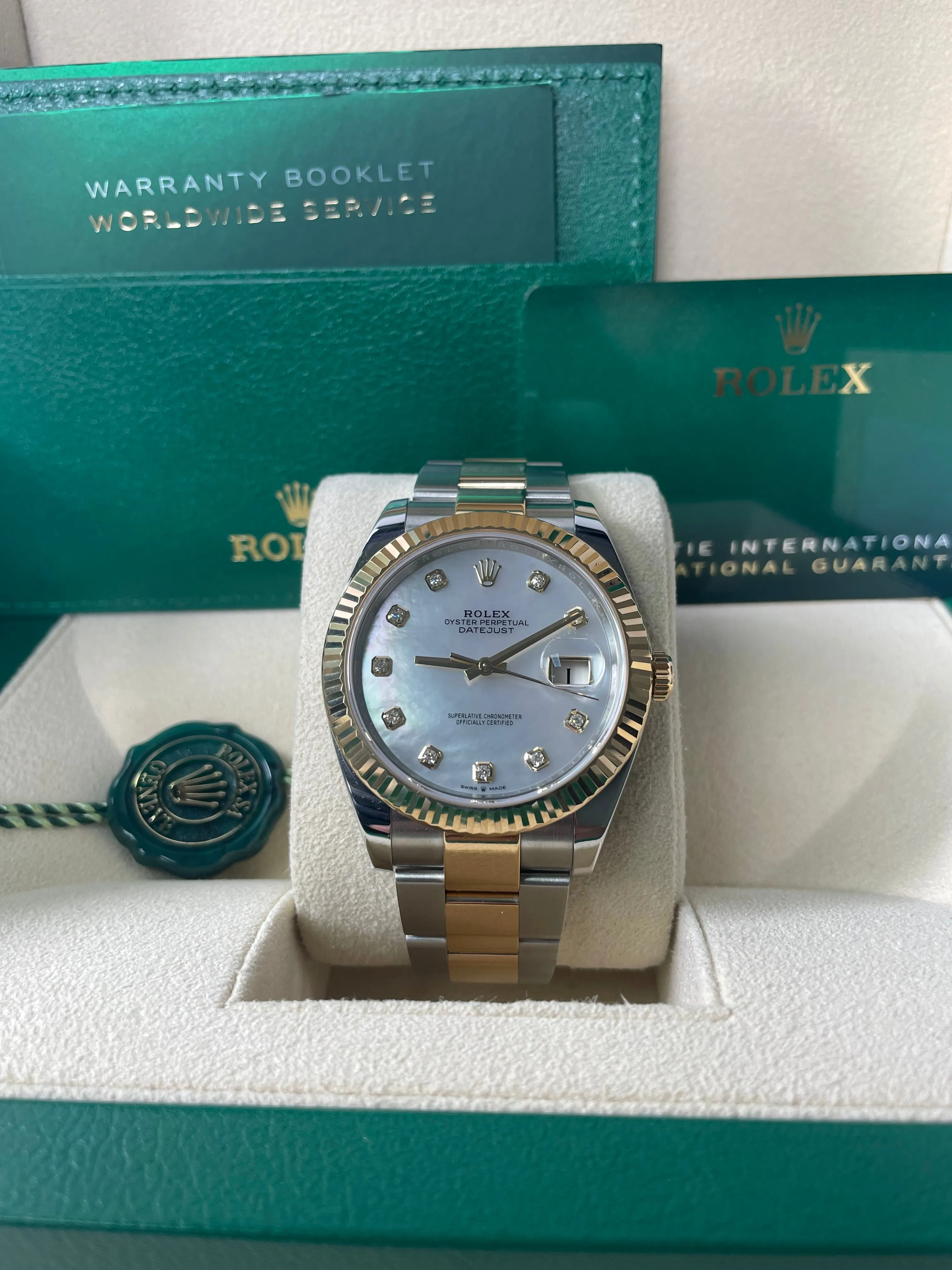 Rolex Datejust 41 Yellow Gold & Steel Fluted Bezel White Mother Of Pearl Diamond Dial Oyster (Ref # 126333)