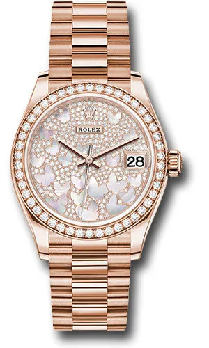 Rolex Everose Gold Datejust 31 Watch - Diamond Bezel - Diamond Paved Butterfly Dial - President Bracelet 278285RBR pmopbp