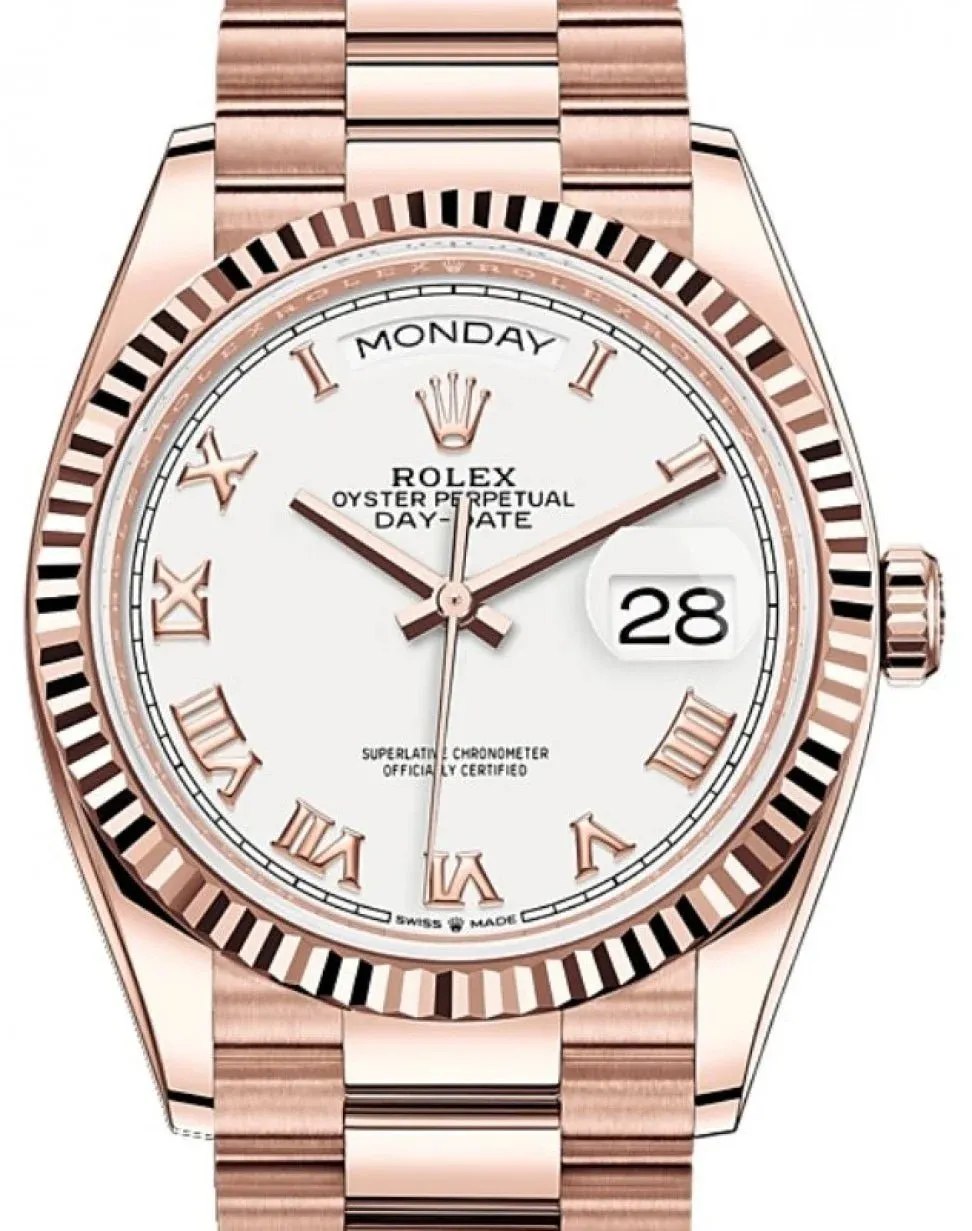 Rolex Everose Gold Day-Date 36 Watch - Fluted Bezel - White Roman Dial - President Bracelet Ref# 128235