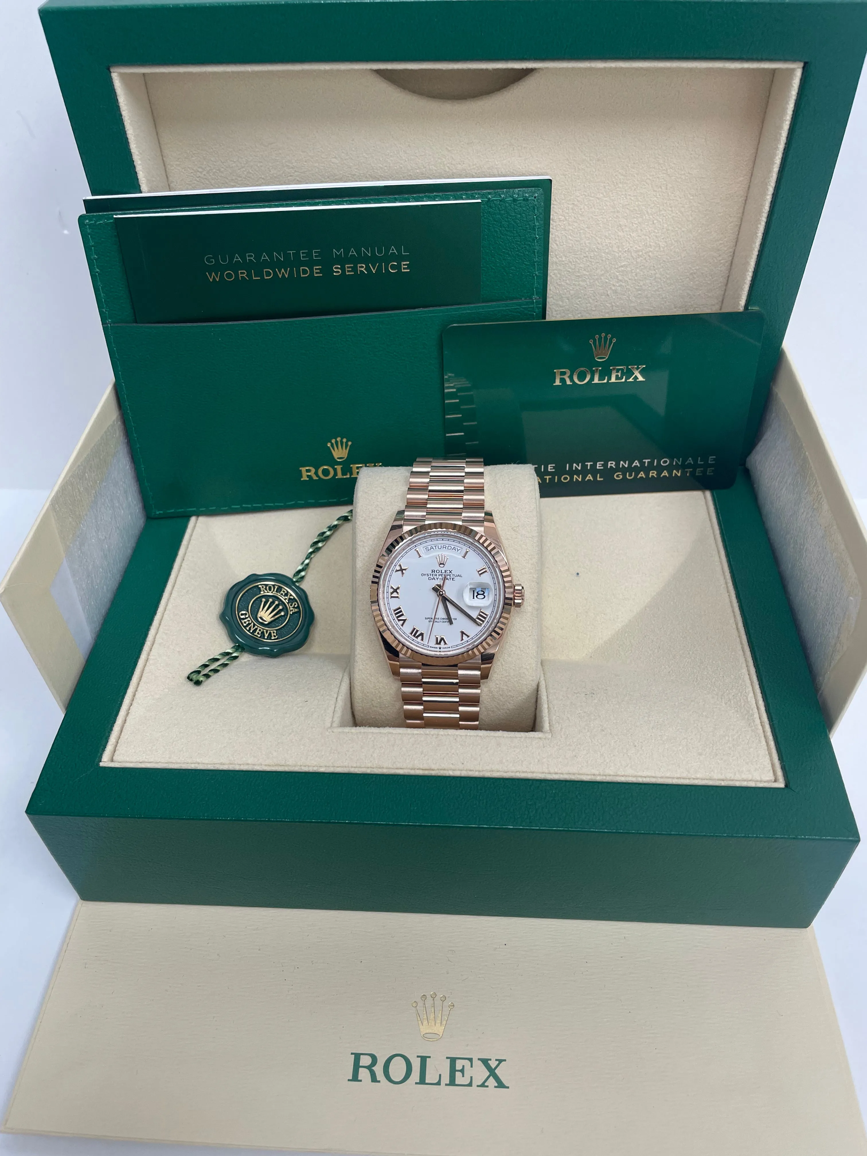 Rolex Everose Gold Day-Date 36 Watch - Fluted Bezel - White Roman Dial - President Bracelet Ref# 128235