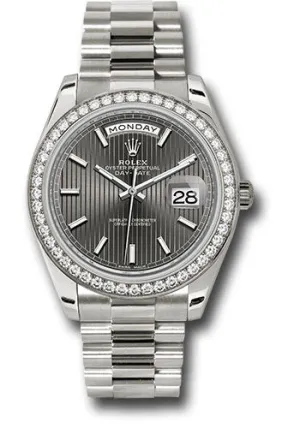 Rolex White Gold Day-Date 40 Watch -  Bezel - Dark Rhodium Stripe Motif Index Dial - President Bracelet - 228349RBR rsmip