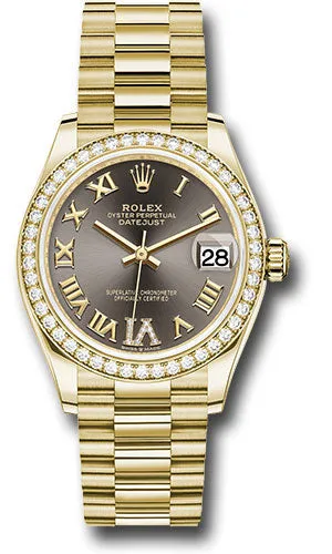 Rolex Yellow Gold Datejust 31 Watch - Diamond Bezel - Dark Grey Diamond Six Dial - President Bracelet 278288RBR dkgdr6p