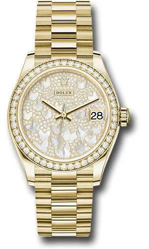 Rolex Yellow Gold Datejust 31 Watch - Diamond Bezel - Paved Mother-of-Pearl Butterfly Dial - President Bracelet 278288RBR pmopbp