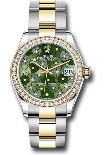 Rolex Yellow Rolesor Datejust 31 Watch - Diamond Bezel - Olive Green Floral Motif Diamond 6 Dial - Oyster Bracelet 278383rbr ogflomdo