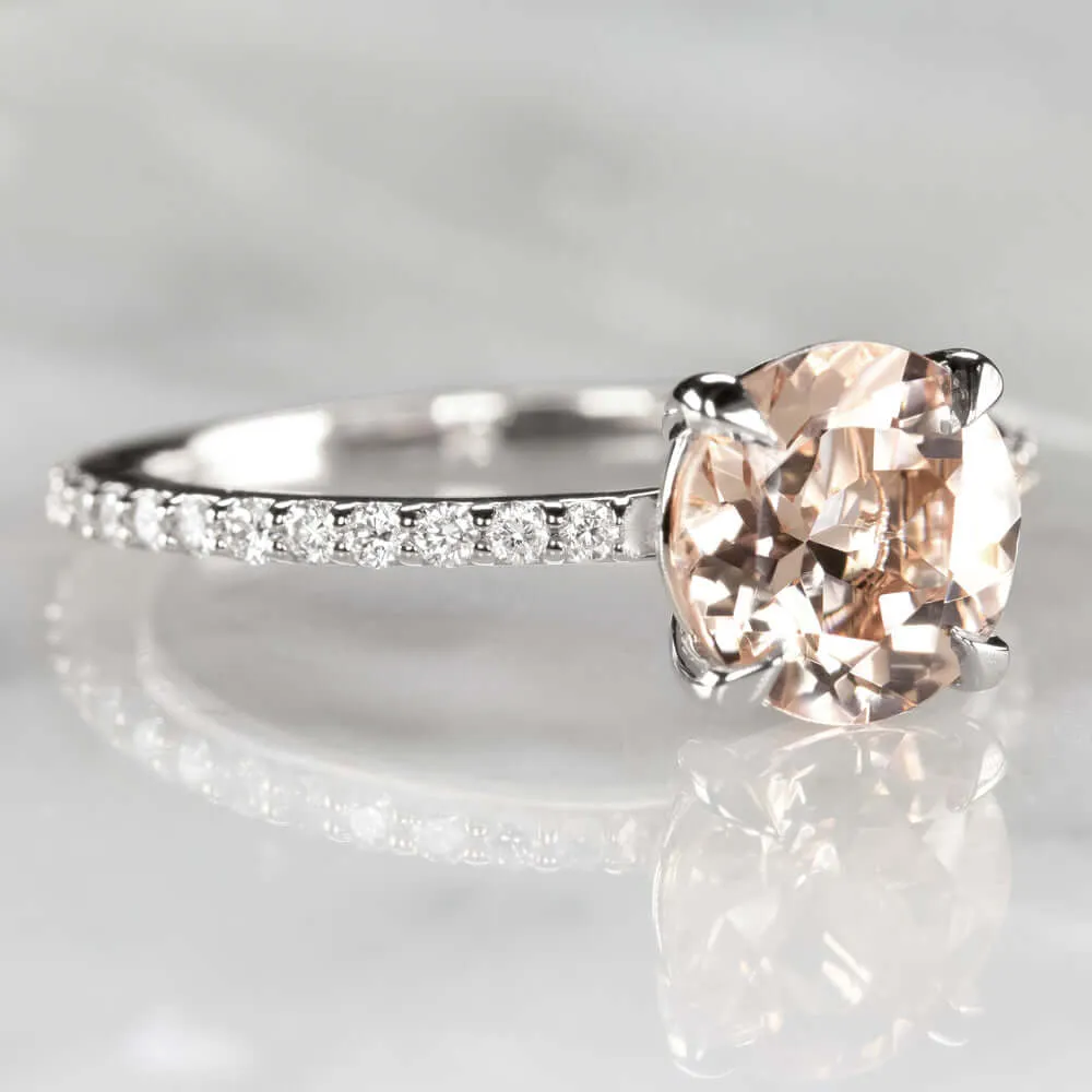 ROUND 1.7ct PEACH MORGANITE 8MM NATURAL DIAMOND ENGAGEMENT RING WHITE GOLD PAVE