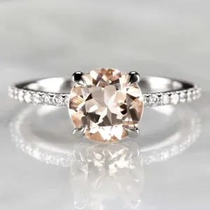 ROUND 1.7ct PEACH MORGANITE 8MM NATURAL DIAMOND ENGAGEMENT RING WHITE GOLD PAVE