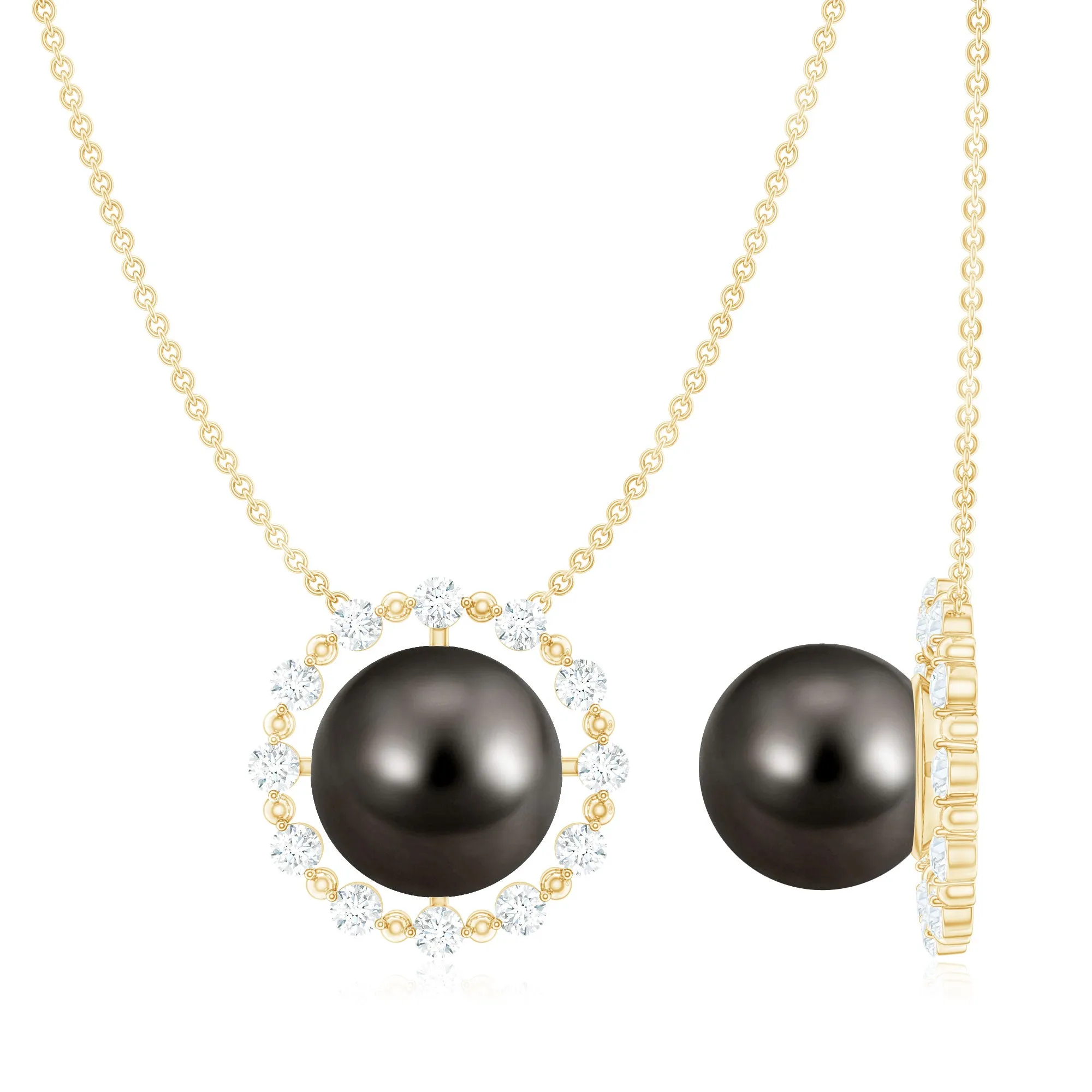 Round Tahitian Pearl Solitaire Necklace with Diamond and Beaded Detailing