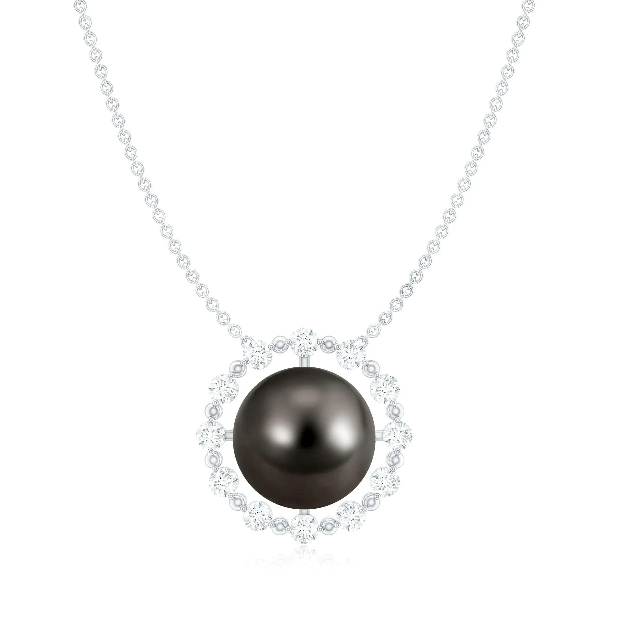 Round Tahitian Pearl Solitaire Necklace with Diamond and Beaded Detailing