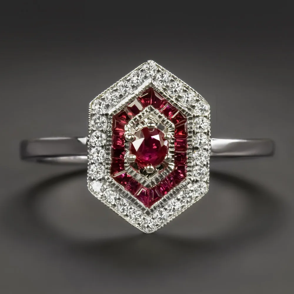 RUBY DIAMOND COCKTAIL RING ART DECO VINTAGE STYLE HALO TARGET 14k WHITE GOLD