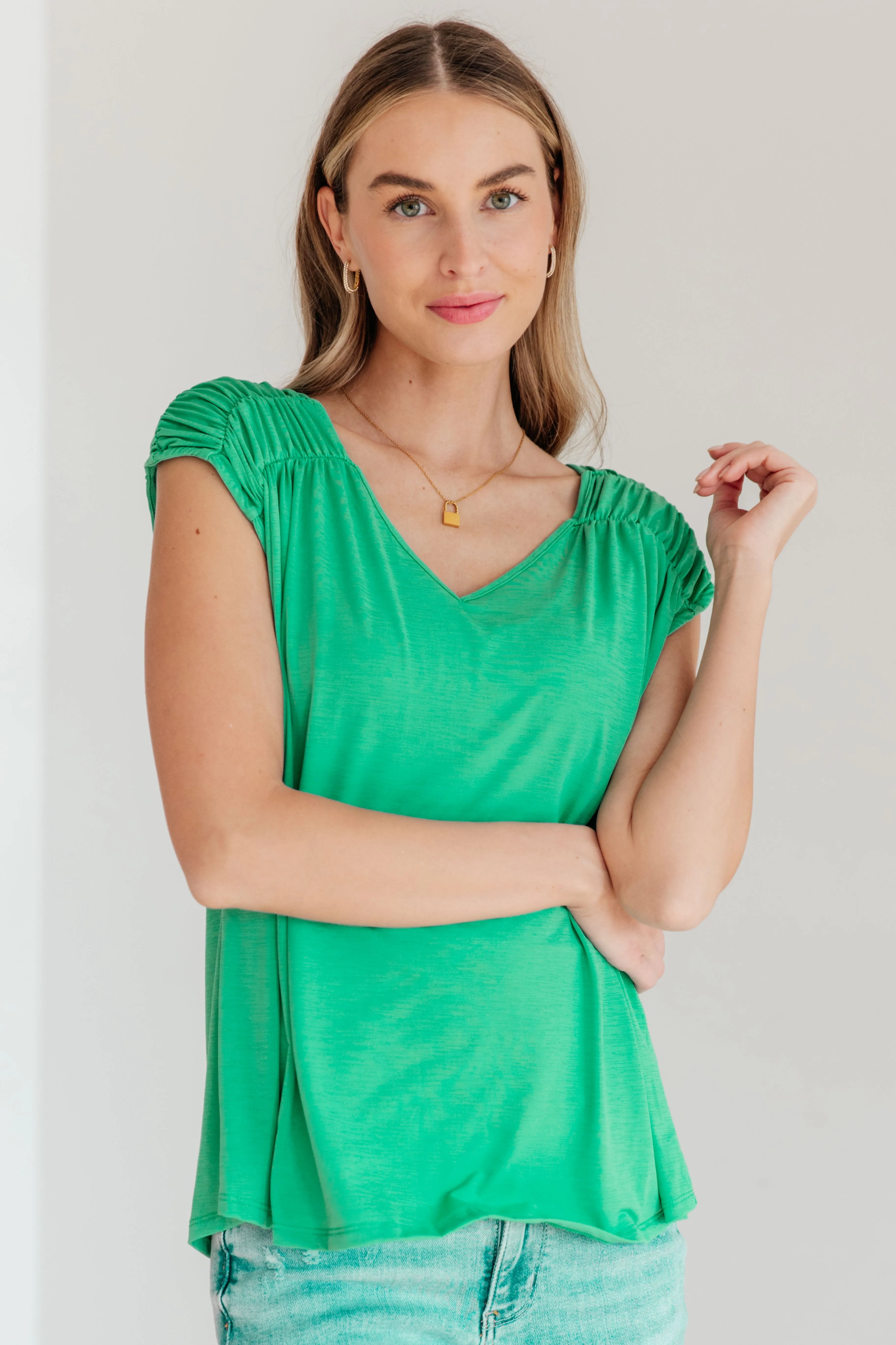 Ruched Cap Sleeve Top in Emerald