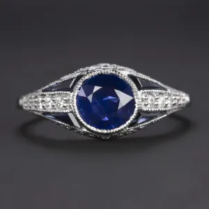 SAPPHIRE DIAMOND COCKTAIL RING VINTAGE STYLE ART DECO 14k WHITE GOLD NATURAL