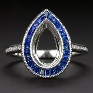 SAPPHIRE PEAR ENGAGEMENT RING SETTING HALO SEMI MOUNT VINTAGE STYLE ART DECO