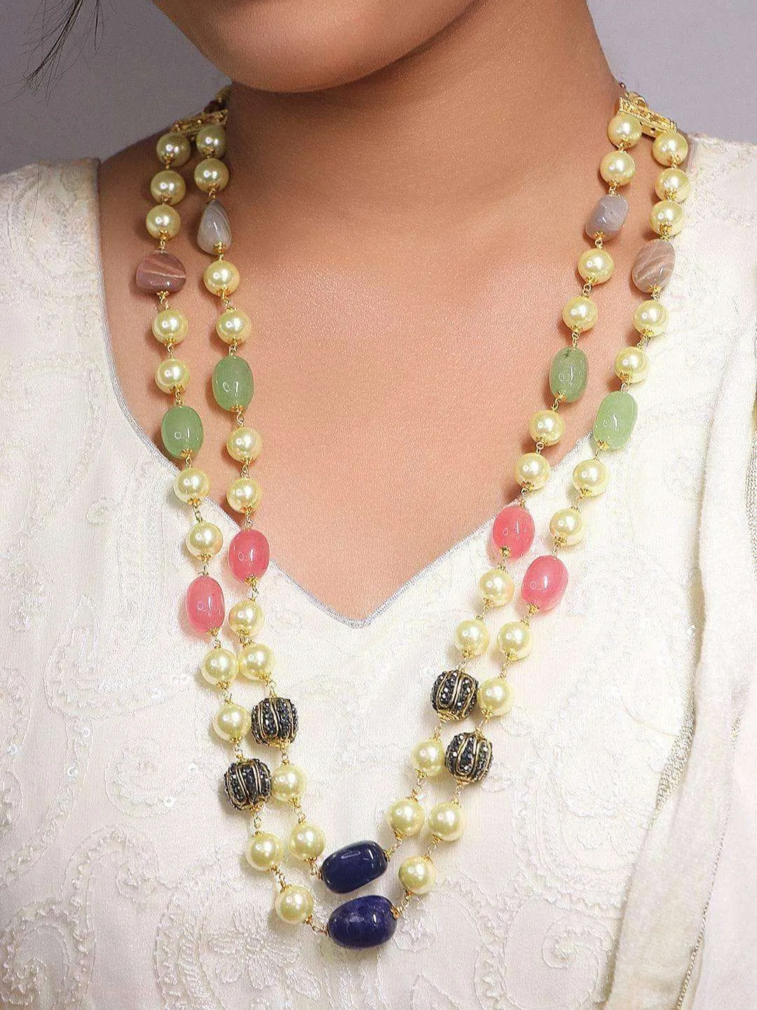 Semi Precious And Shell Peal Double Layered Haar