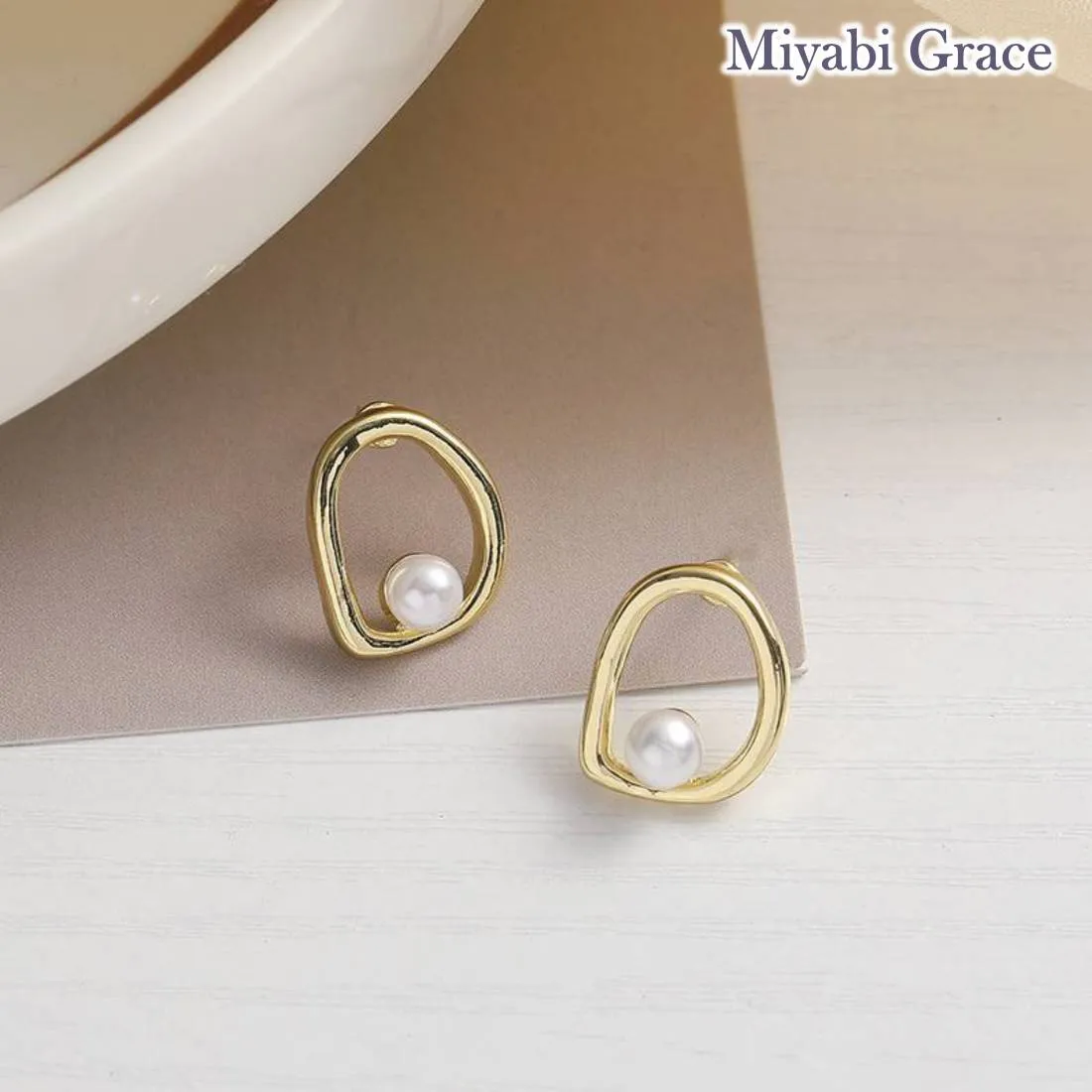 Small Gold Open Circle and Pearl Invisible Clip On Stud Earrings