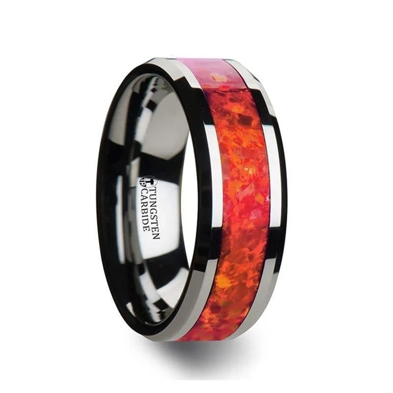 Thorsten NEBULA Tungsten Wedding Band with Beveled Edges and Red Opal Inlay - 4mm 6mm 8mm