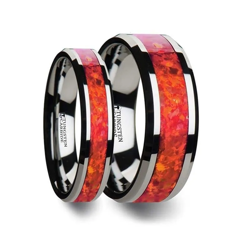 Thorsten NEBULA Tungsten Wedding Band with Beveled Edges and Red Opal Inlay - 4mm 6mm 8mm