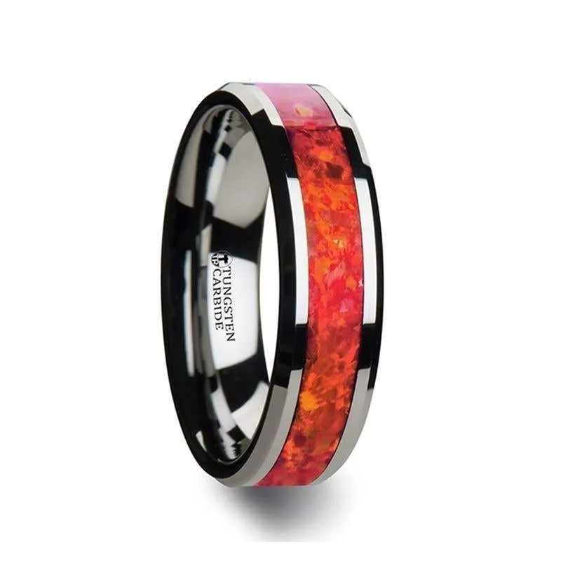 Thorsten NEBULA Tungsten Wedding Band with Beveled Edges and Red Opal Inlay - 4mm 6mm 8mm