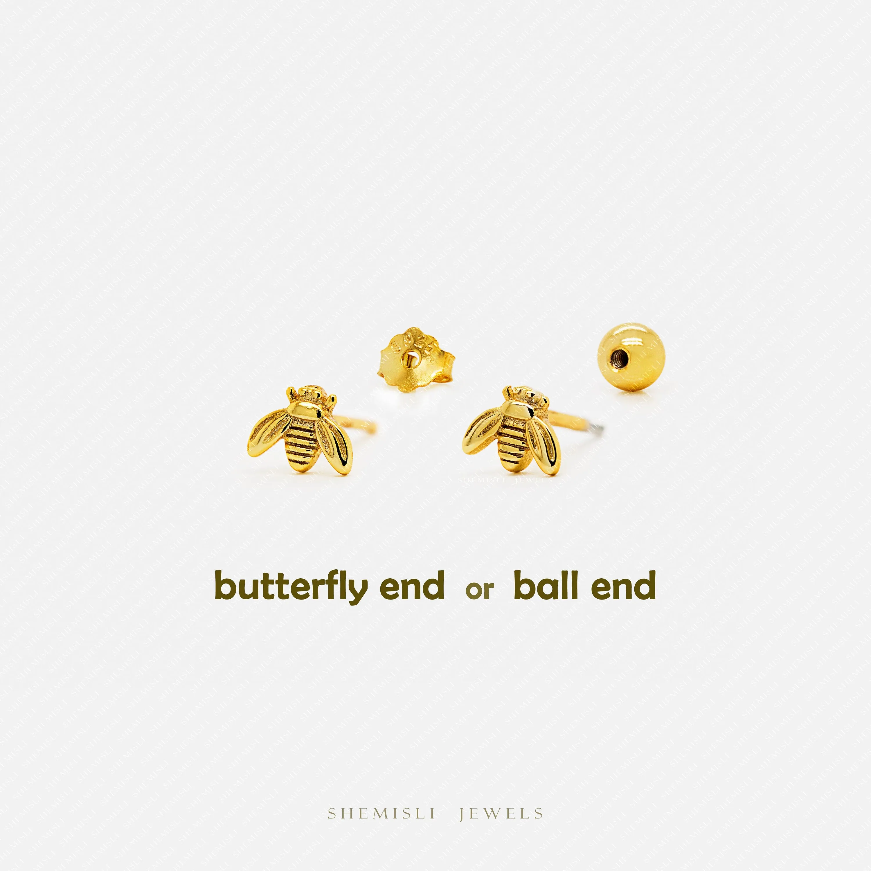 Tiny Bee Stud Earrings, Unisex, Gold, Silver SHEMISLI SS681 Butterfly End, SS682 Screw Ball End (Type A)