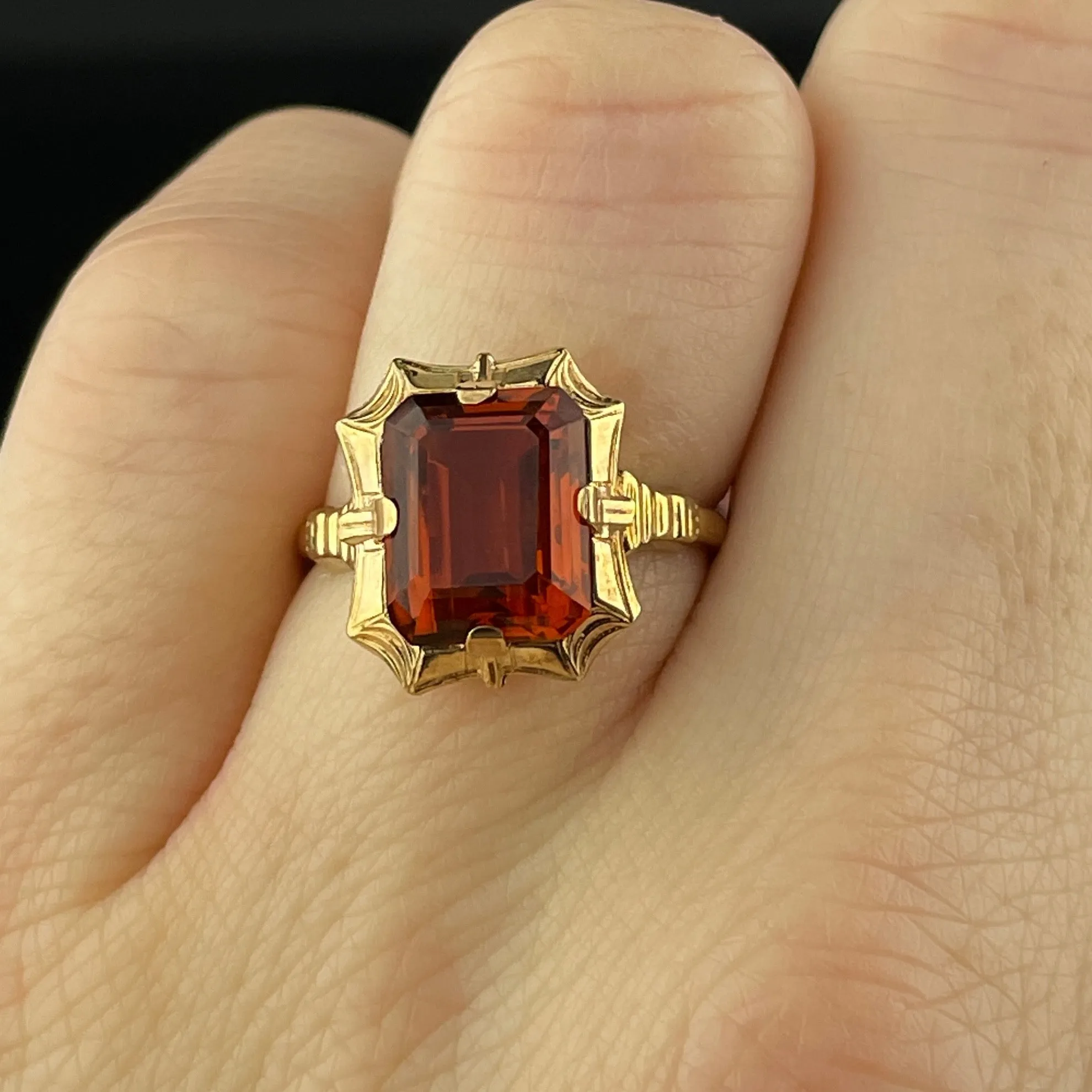 Vintage 10K Gold Orange Topaz Statement Ring, Sz 5 3/4