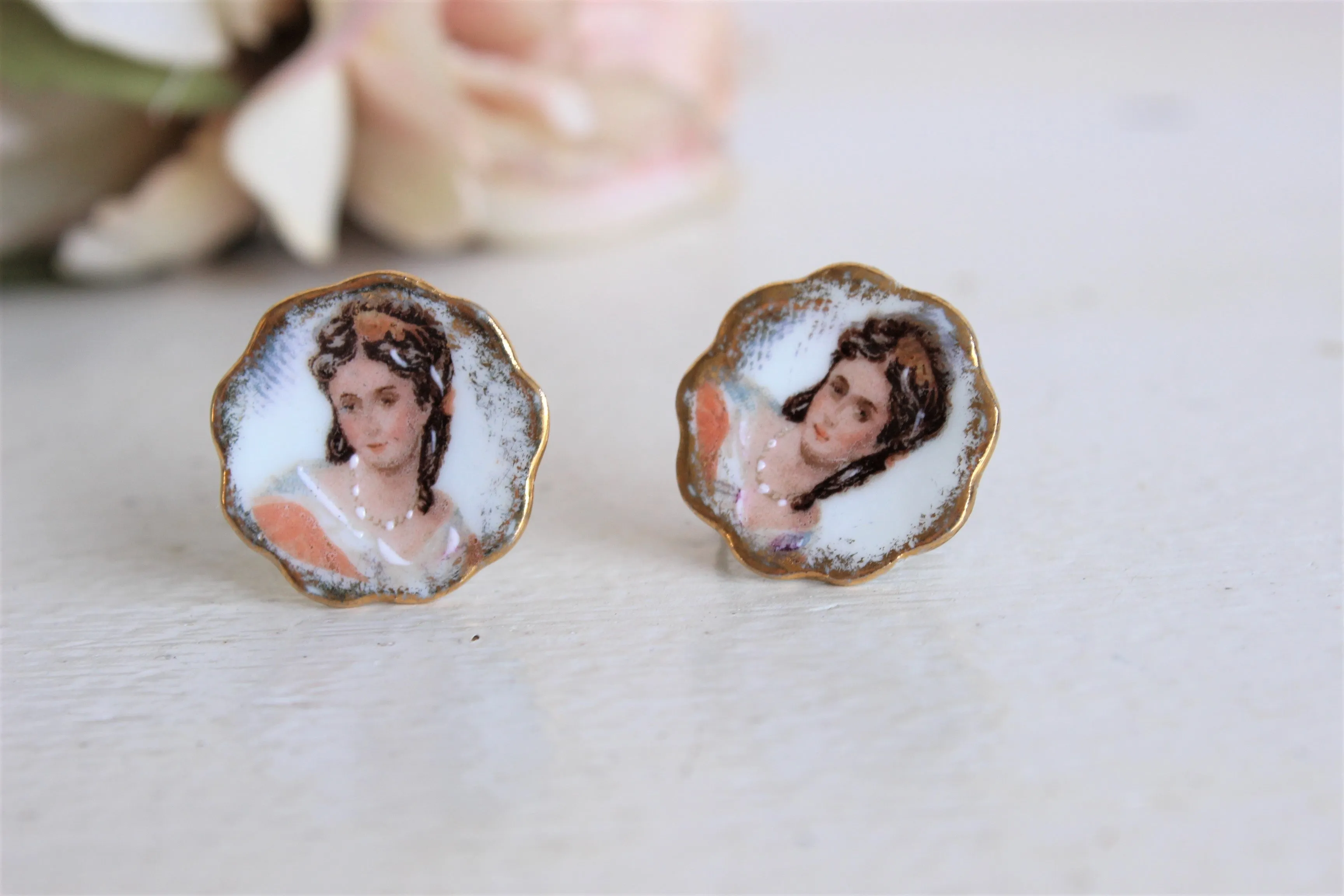 Vintage 1940s Limoges Porcelain Cameo-like Earrings