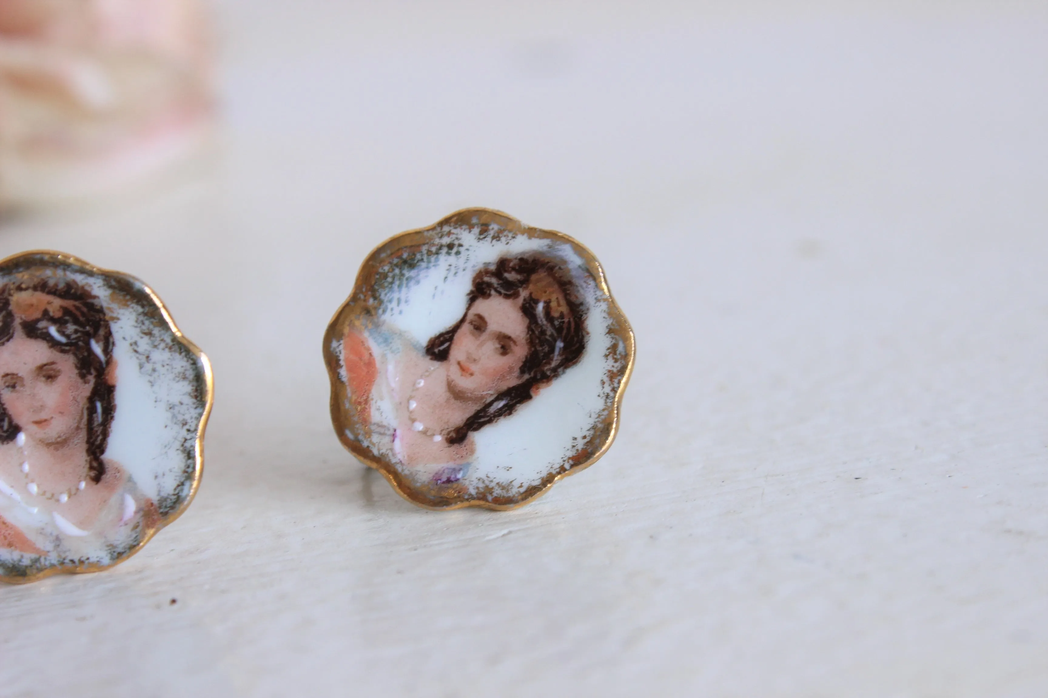 Vintage 1940s Limoges Porcelain Cameo-like Earrings