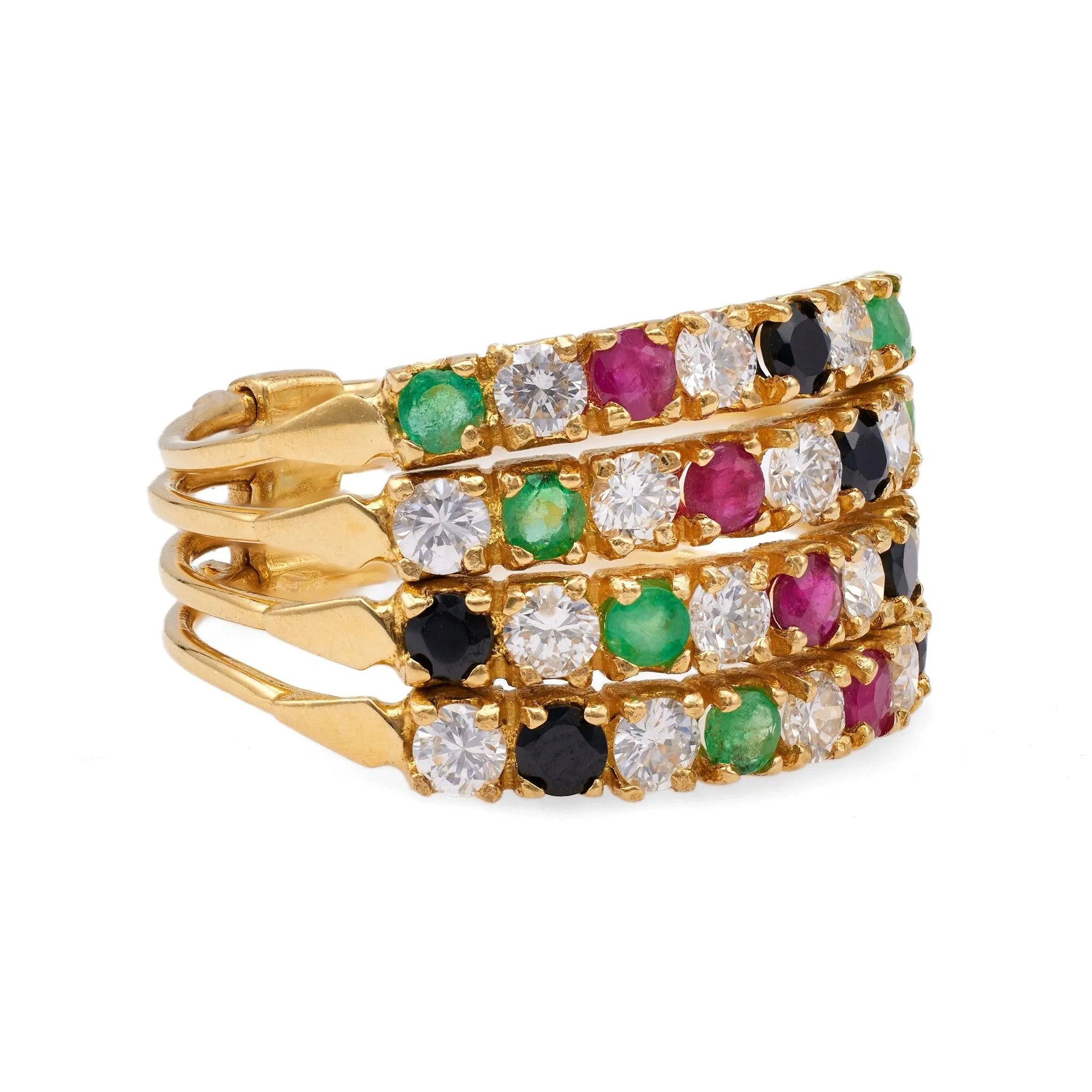 Vintage Diamond Emerald Onyx Ruby 18k Yellow Gold Ring