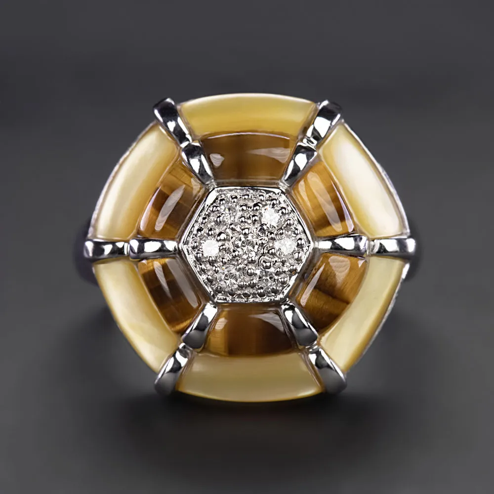 VINTAGE DIAMOND TIGER'S EYE COCKTAIL RING 14k WHITE GOLD HEXAGON HALO CLUSTER