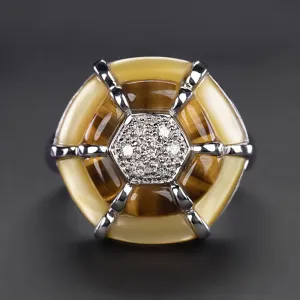 VINTAGE DIAMOND TIGER'S EYE COCKTAIL RING 14k WHITE GOLD HEXAGON HALO CLUSTER