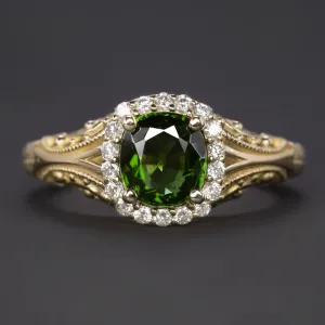 VINTAGE STYLE GREEN TOURMALINE DIAMOND COCKTAIL RING YELLOW GOLD HALO CUSHION