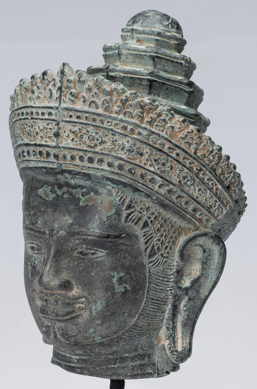 Vishnu Statue - Antique Banteay Srei Style Bronze Mounted Khmer Vishnu Head - 24cm / 10"