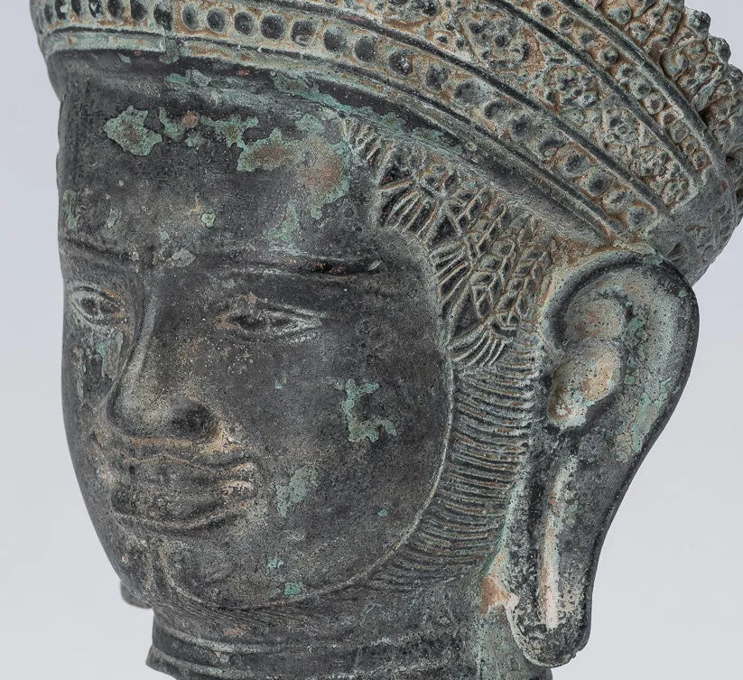 Vishnu Statue - Antique Banteay Srei Style Bronze Mounted Khmer Vishnu Head - 24cm / 10"