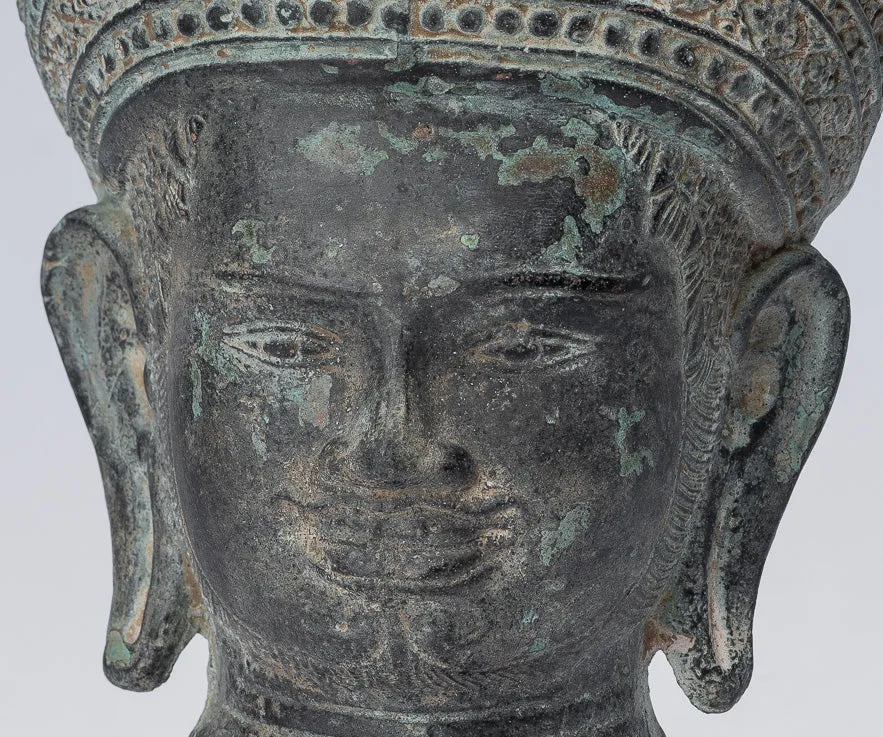 Vishnu Statue - Antique Banteay Srei Style Bronze Mounted Khmer Vishnu Head - 24cm / 10"