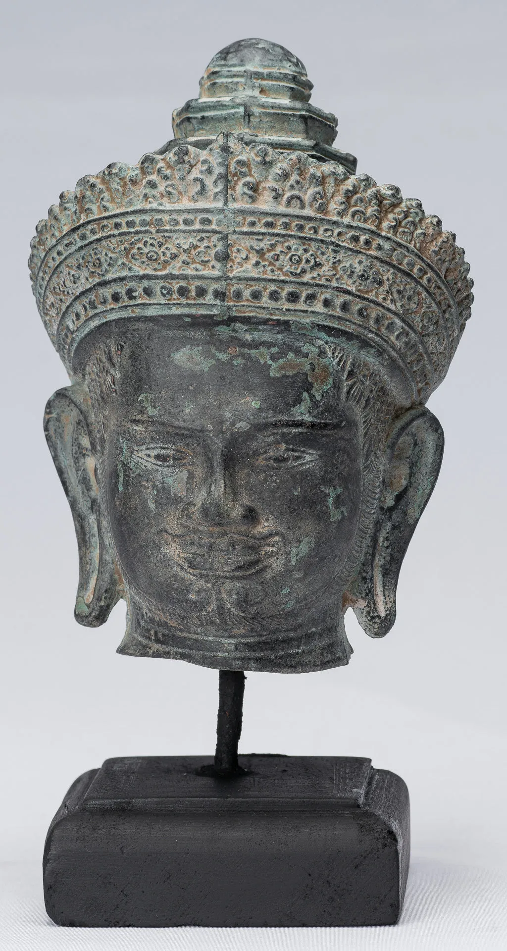 Vishnu Statue - Antique Banteay Srei Style Bronze Mounted Khmer Vishnu Head - 24cm / 10"