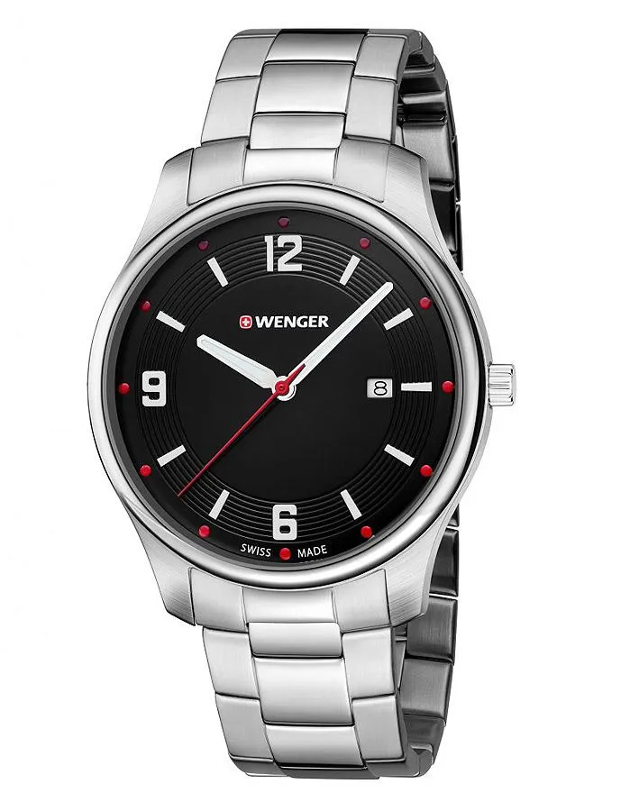 Wenger Mens City Active - Stainless - Bracelet - Black Dial - Red Accents - Date