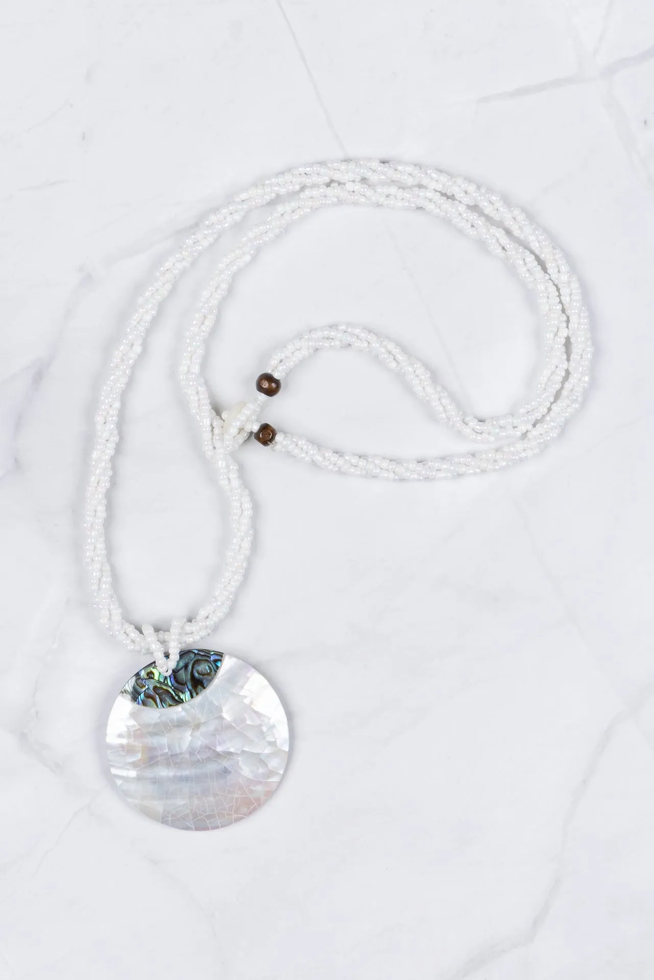 White Beaded Paua and Mother of Pearl Pendant Necklace