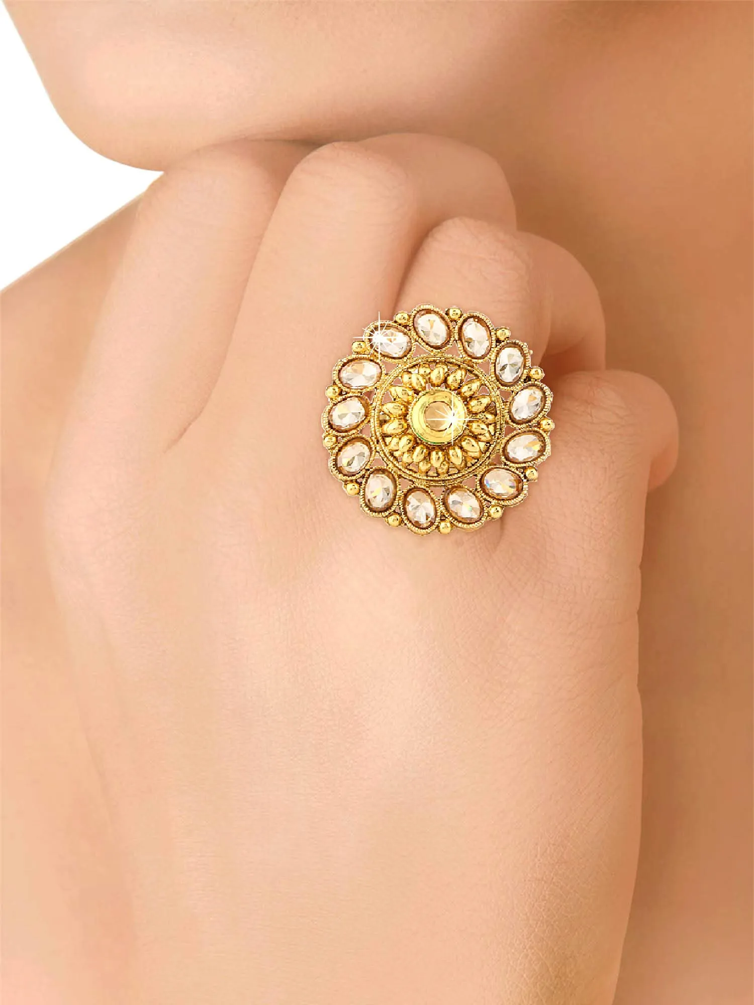 Yellow Chimes Rings for Women Traditional Kundan Rings Classic Gold Plated Cocktail Golden Wedding Rings for Women and Girls.