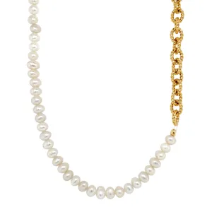 Yellow Gold Plate & Pearl Textured Link Necklace - "Charly"